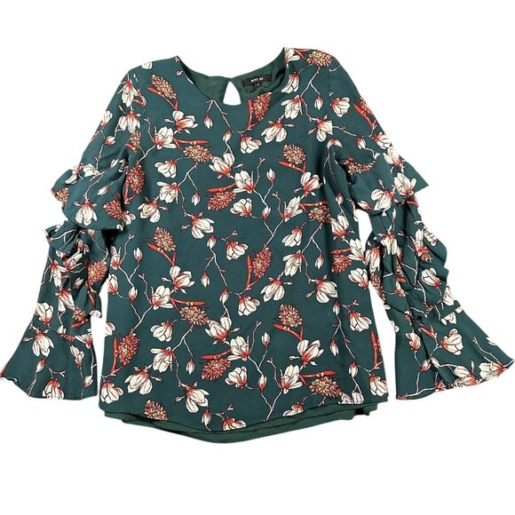 Miss Me Blouse Womens Medium Green Floral Ruffle Long Sleeve Boho Pullover Top - Picture 1 of 8